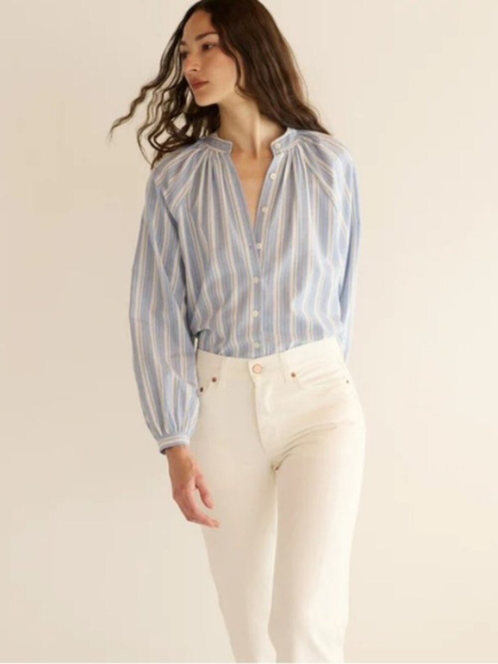 Doen Blue and White Striped Cotton Button-Down Blouse